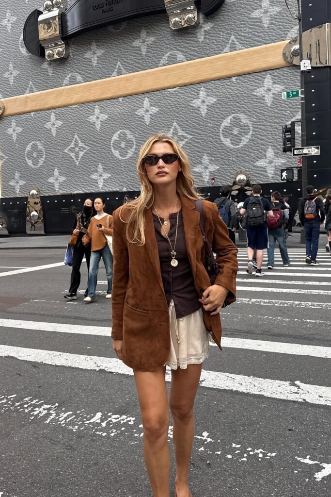 Brown Suede Blazer + White Skirt + Brown Purse