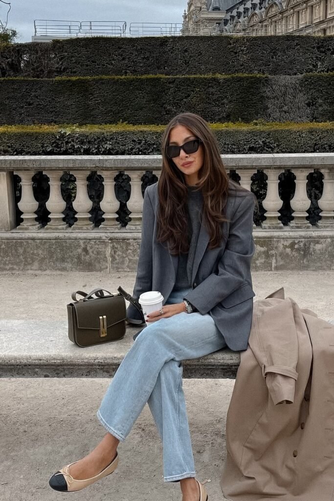 Gray Blazer + Gray Sweater + Light Blue Jeans + Flats