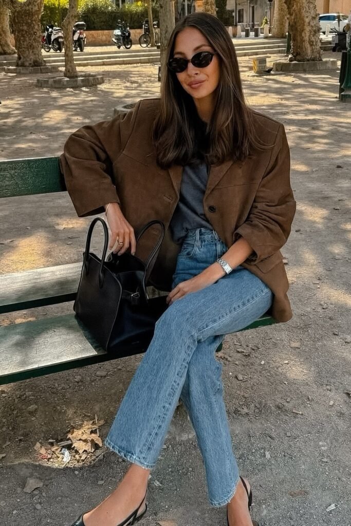 Brown Suede Blazer + Gray T-shirt + Blue Jeans + Black Bag