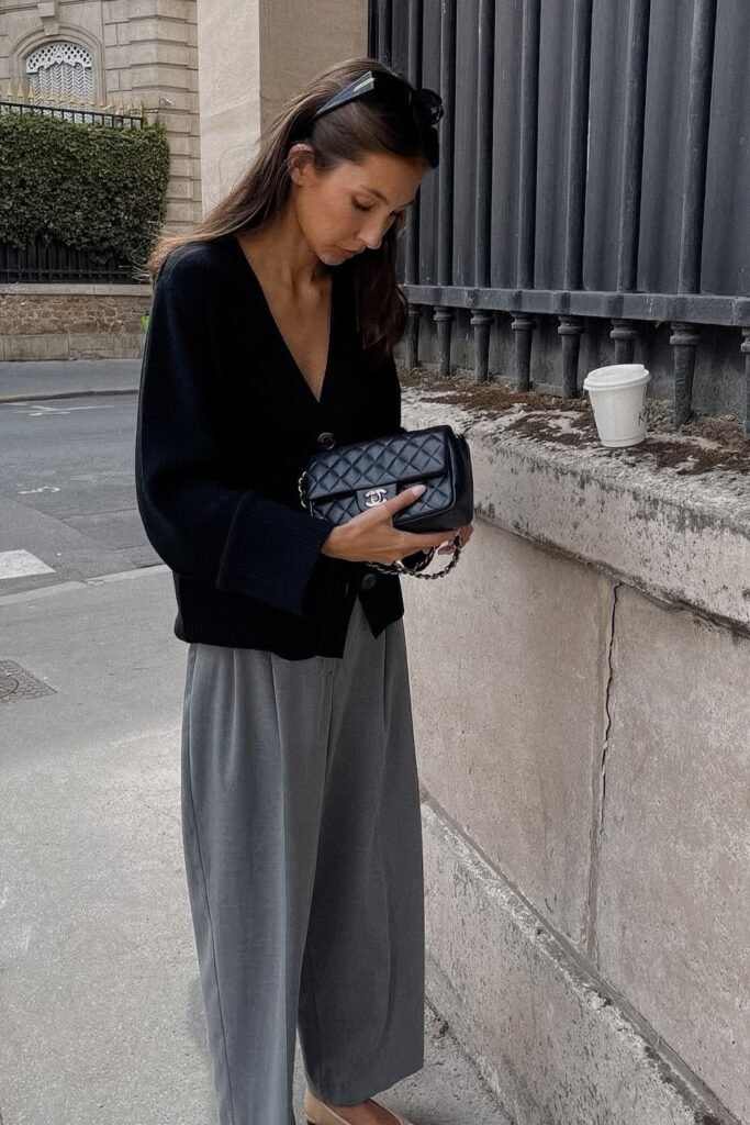 Black Cardigan + Gray Trousers + Black Flats
