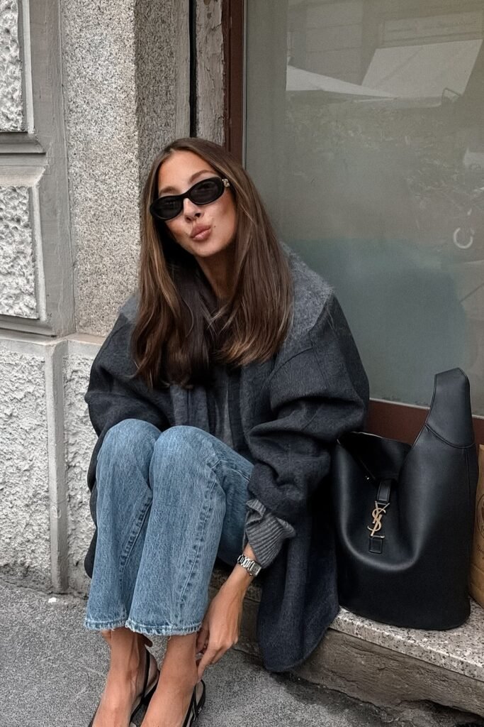 Gray Sweater + Blue Jeans + Black Bag