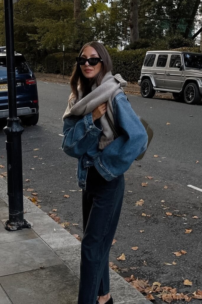 Blue Denim Jacket + Black Jeans + Gray Scarf