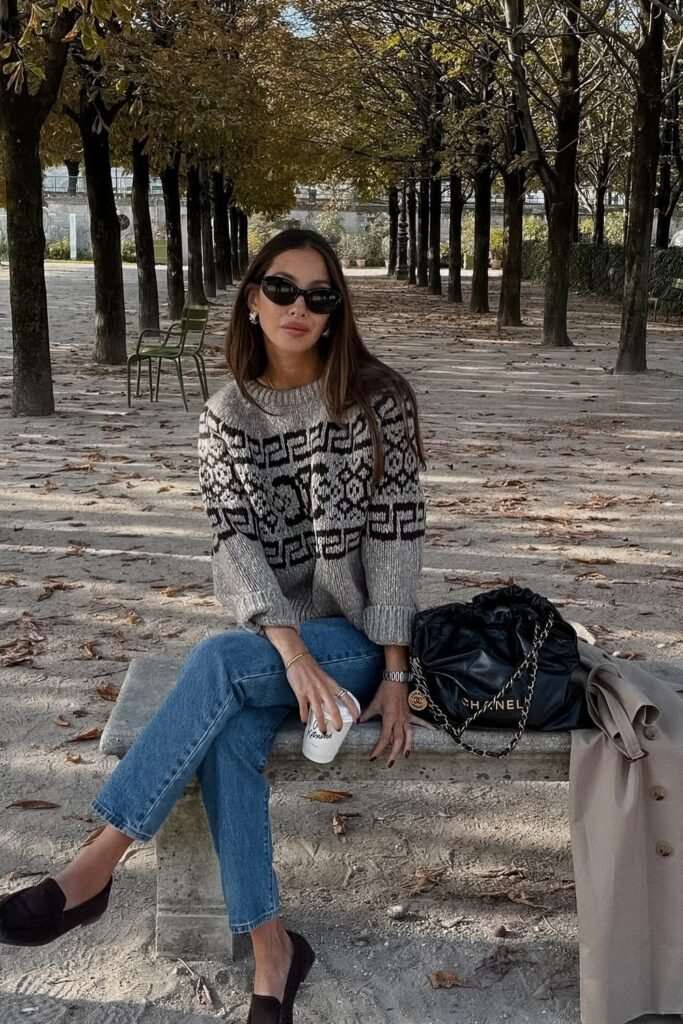 Gray Sweater + Blue Jeans + Black Flats + Chanel Bag