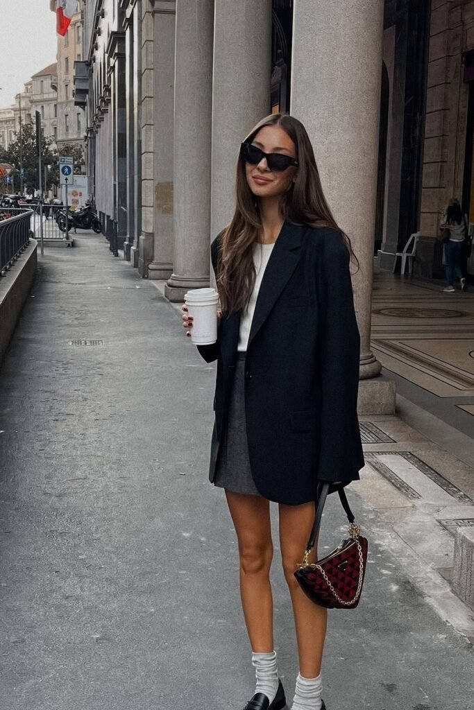Black Blazer + White Shirt + Gray Skirt + Black Bag