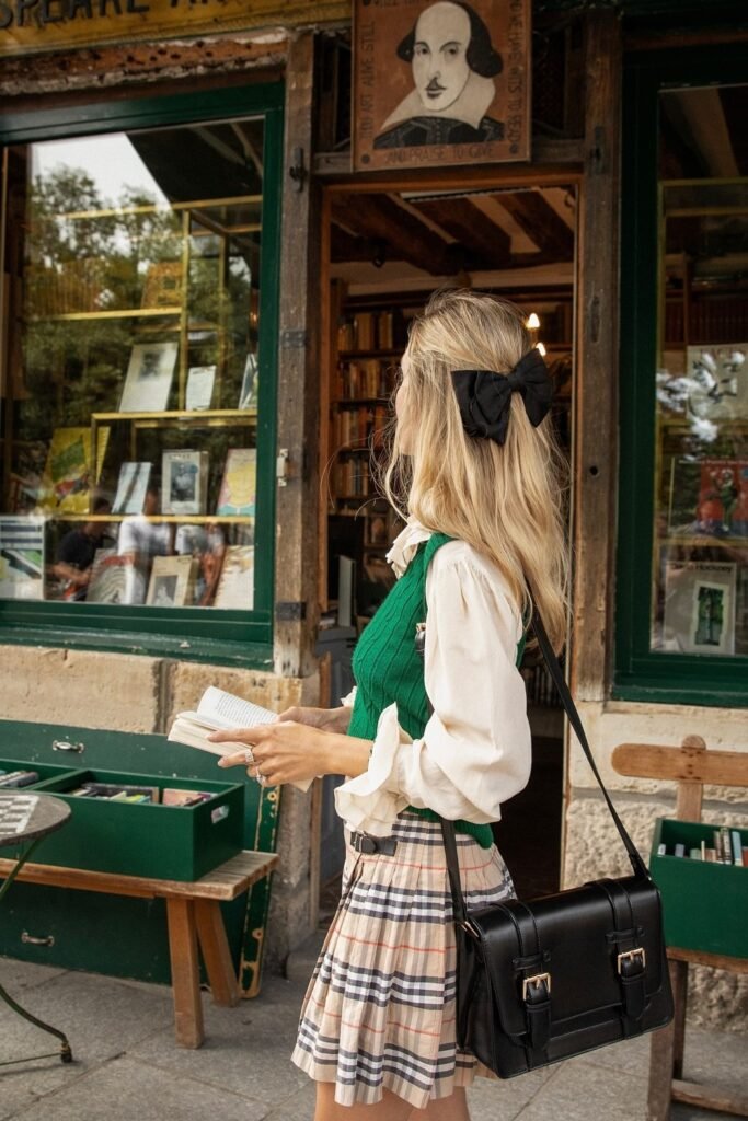 Green Sweater Vest + White Blouse + Plaid Skirt + Black Bow Hair Accessory