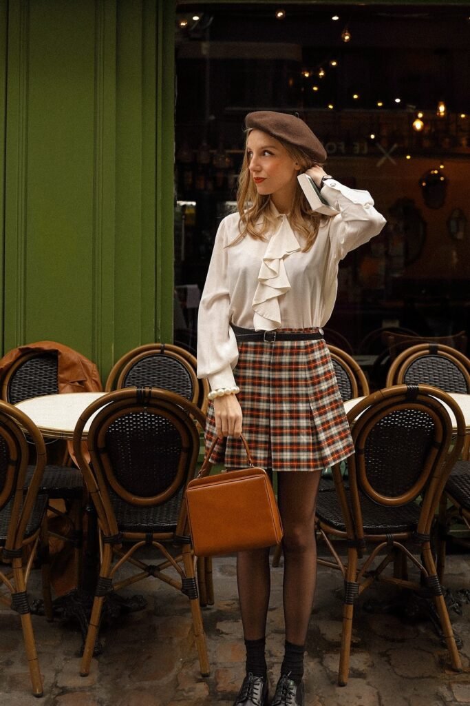 Ruffled White Blouse + Plaid Skirt + Brown Beret