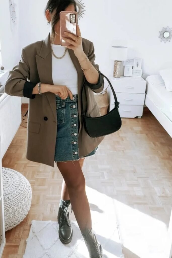 Oversized Blazer + White Tee + Denim Skirt