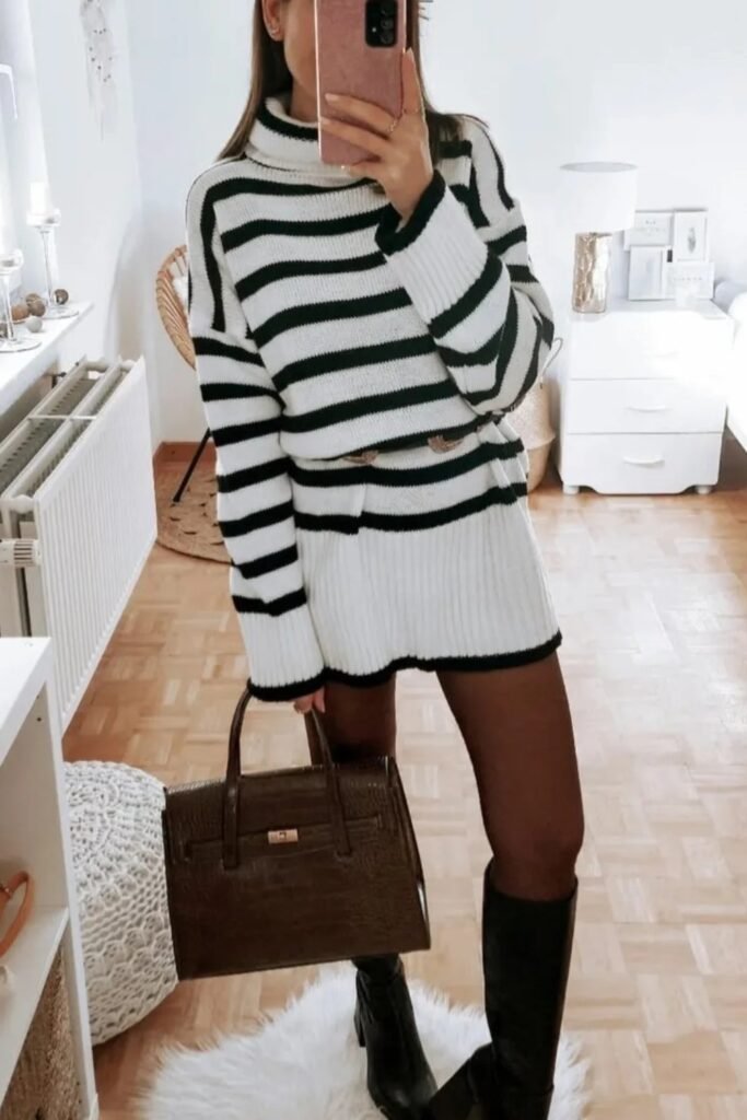Striped Sweater Dress + Black Knee-High Boots