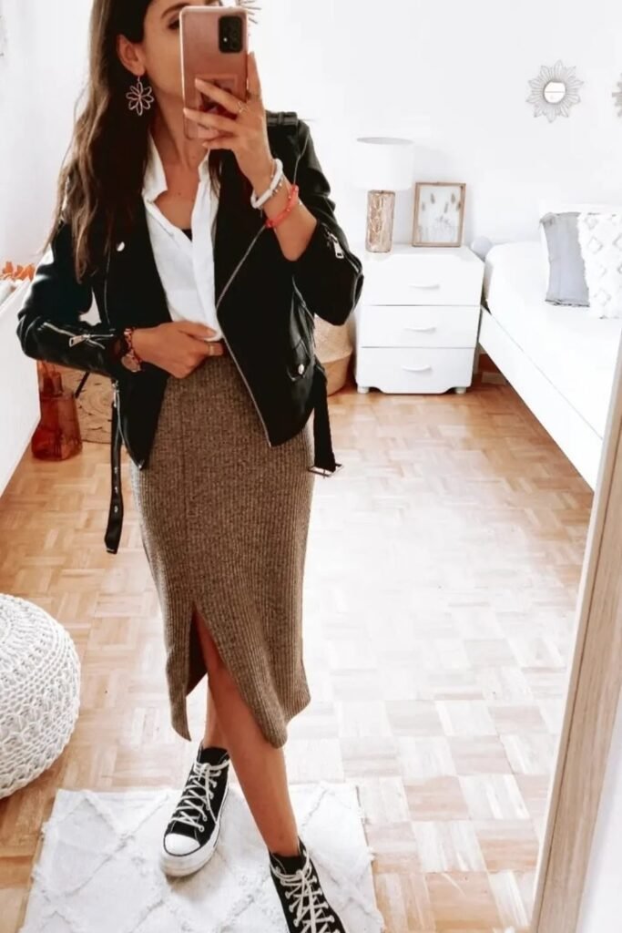 Leather Jacket + White Shirt + Knit Midi Skirt + Sneakers
