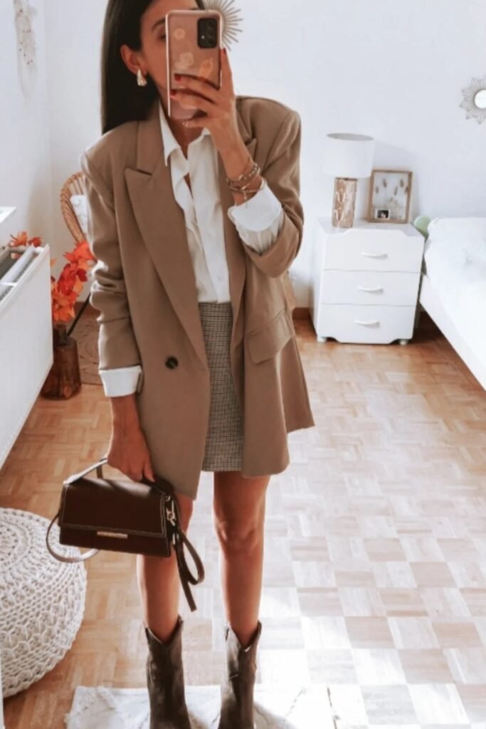 Oversized Blazer + White Shirt + Checked Mini Skirt