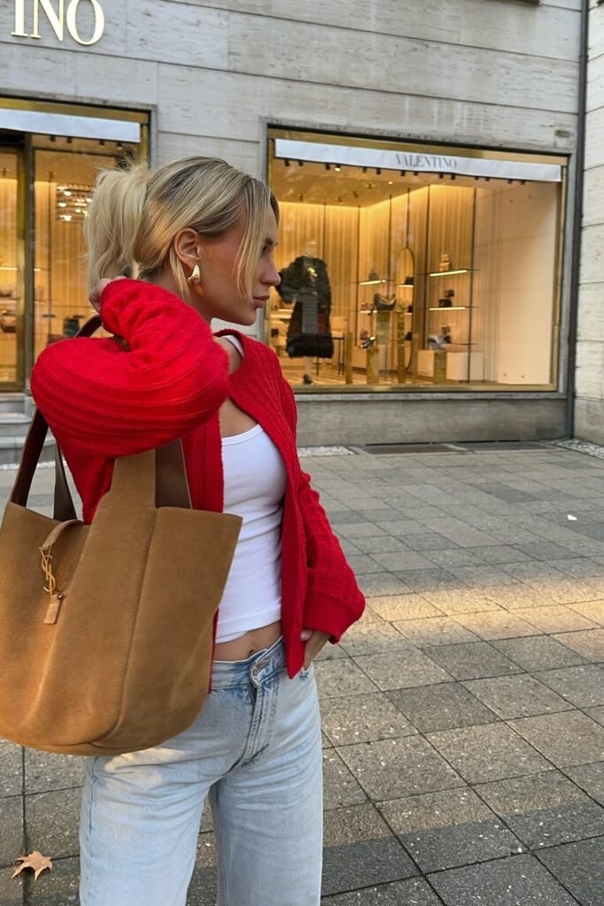 Red Knit Cardigan + White Tank Top + Light Wash Jeans