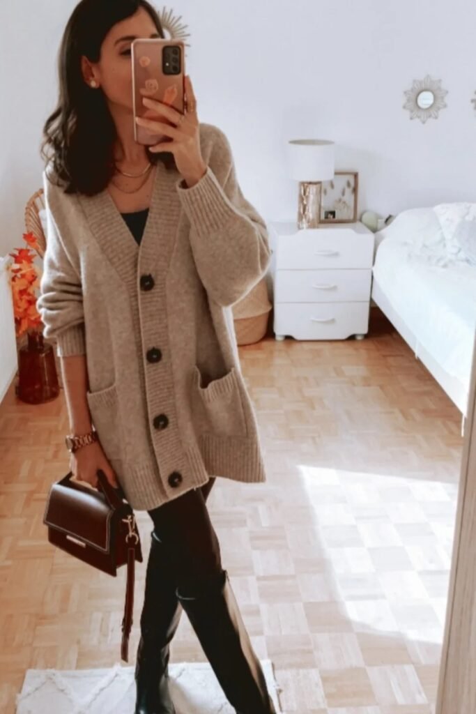 Oversized Cardigan + Black Leggings + Knee-High Boots