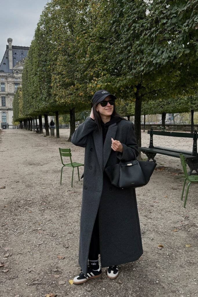 Long Charcoal Coat + Hoodie + Sneakers