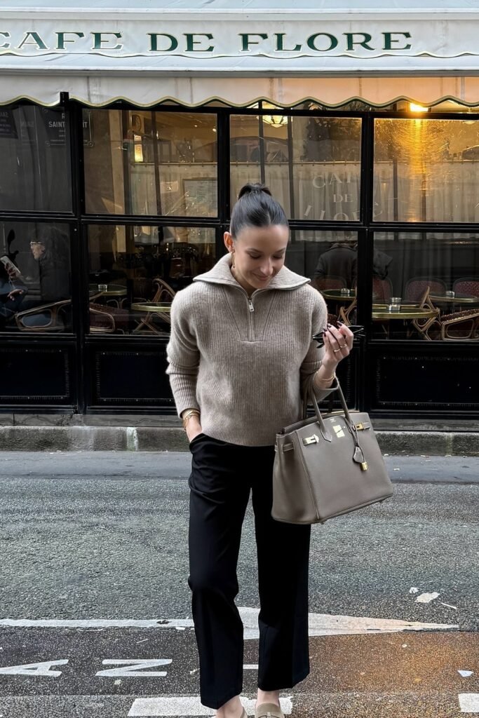 Beige Half-Zip Sweater + Black Tailored Trousers