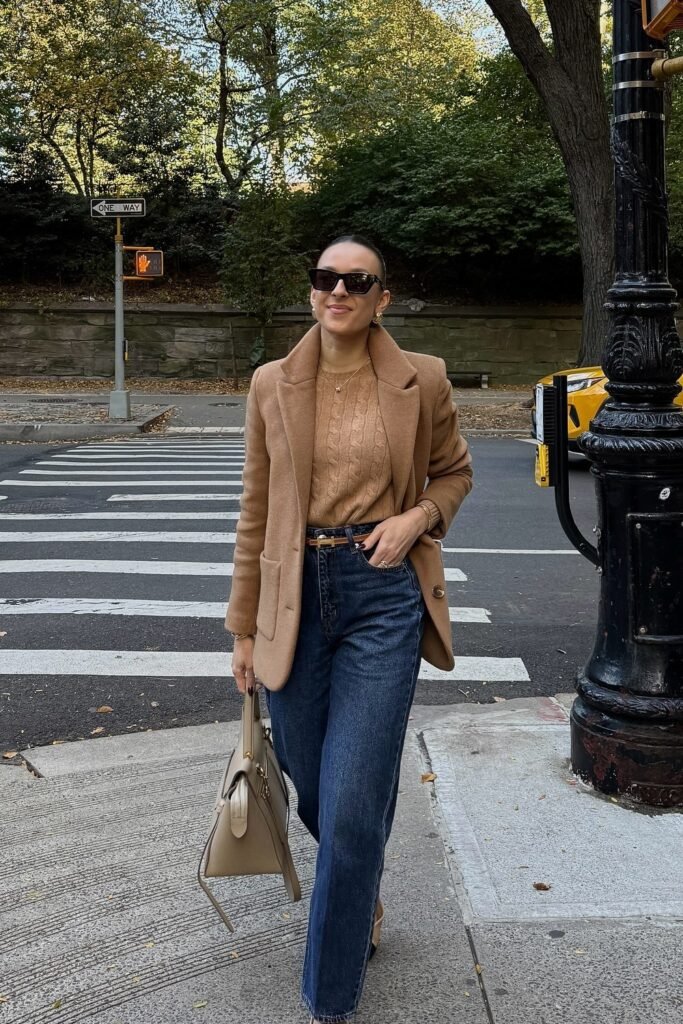 Camel Coat + Cable-Knit Sweater + Wide-Leg Jeans