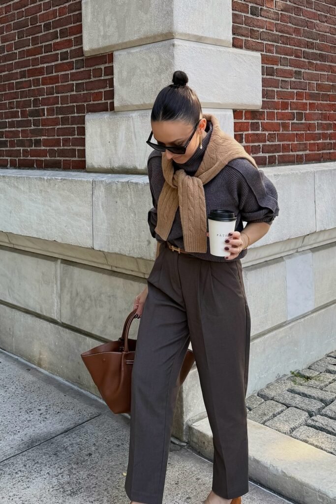 Charcoal Knit + Camel Sweater Drape + Tailored Trousers