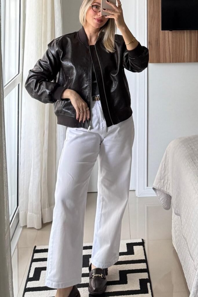 Black Leather Bomber Jacket + White Wide-Leg Pants