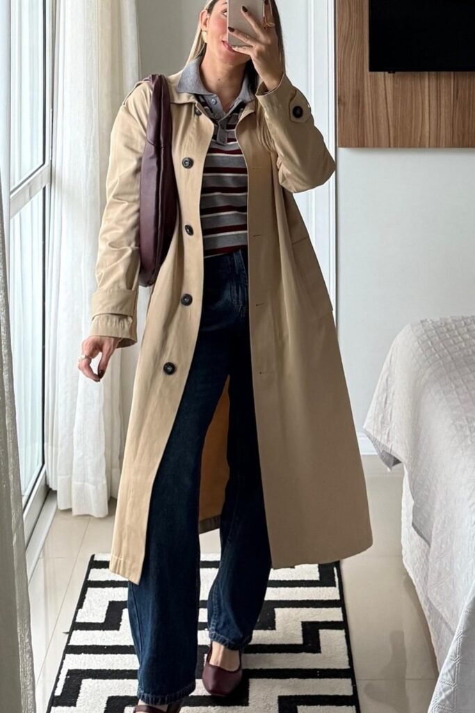 Long Beige Trench Coat + Striped Polo + Jeans