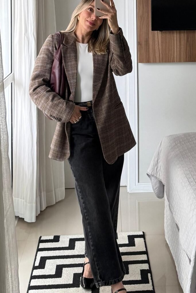 Plaid Blazer + Black Wide-Leg Pants + Strappy Heels