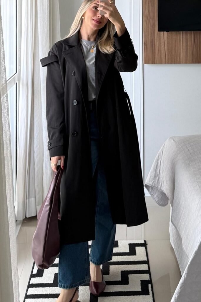 Black Trench Coat + Jeans + Burgundy Heels