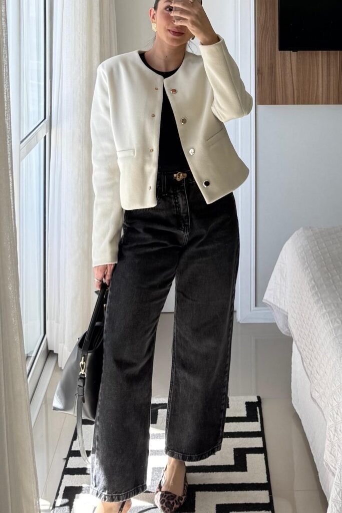 White Cropped Jacket + Black Jeans + Leopard Flats
