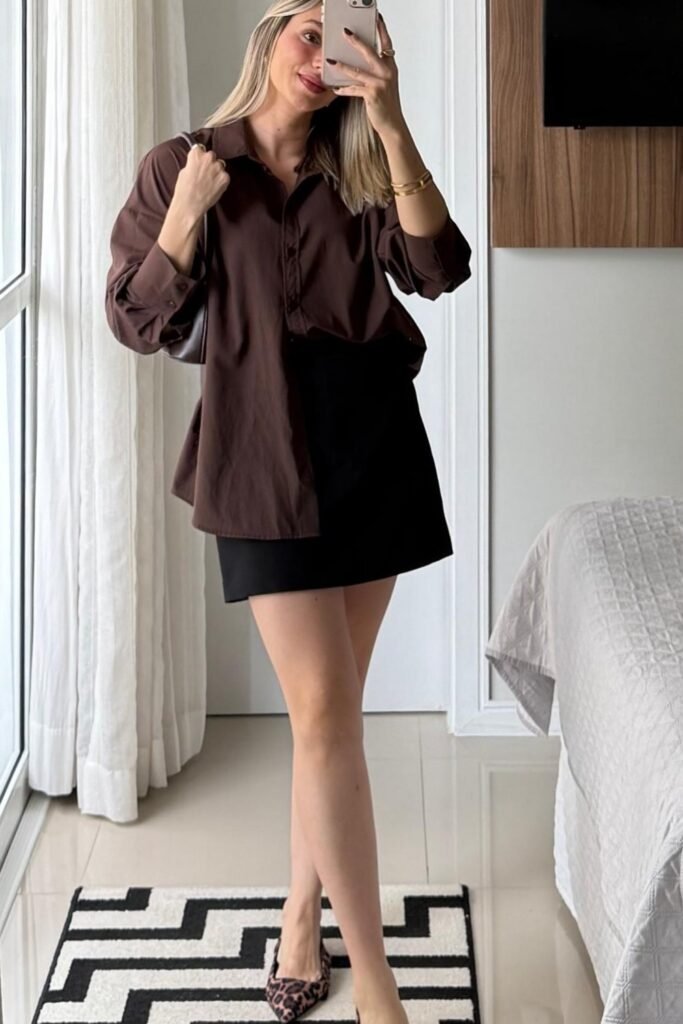 Brown Shirt + Black Mini Skirt + Leopard Heels