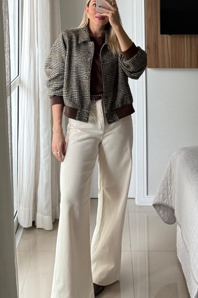 Plaid Jacket + White Flared Pants + Brown Boots