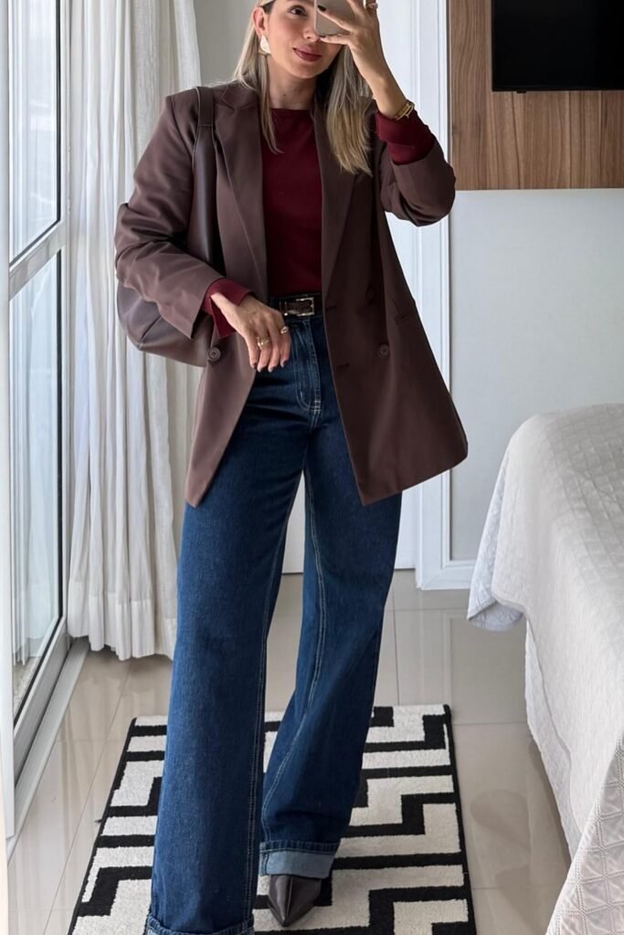 Brown Blazer + Burgundy Top + Wide-Legged Jeans