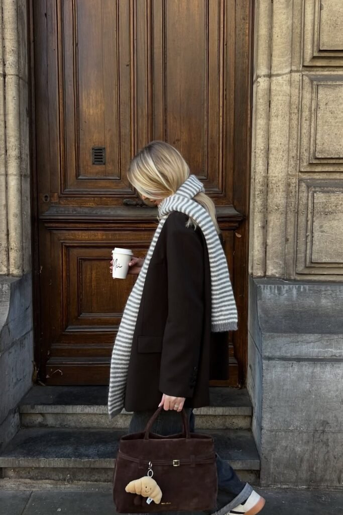 Brown Coat + Striped Scarf + Brown Bag