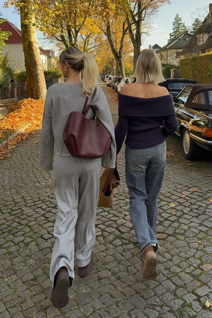 Grey Lounge Set + Burgundy Tote Bag + Brown Platform Boots