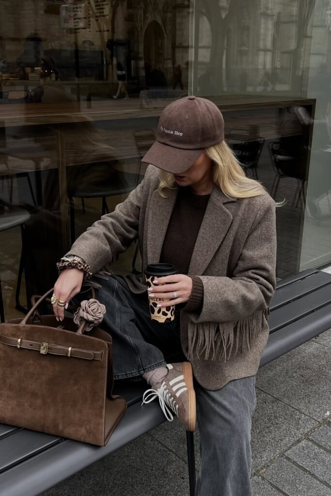 Brown Blazer + Brown Cap + Beige Sneakers