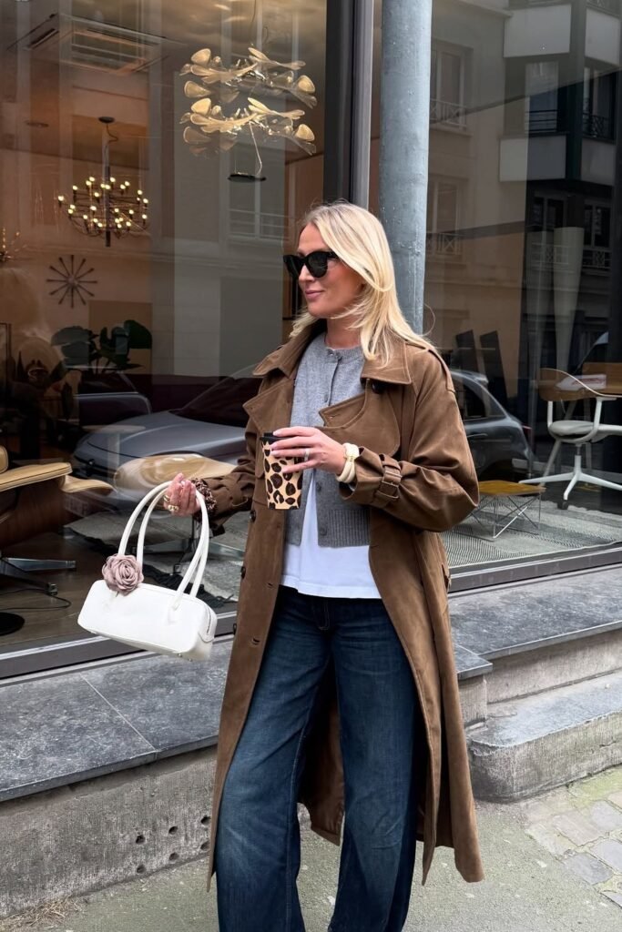 Brown Trench Coat + Grey Sweater + Wide-Legged Jeans