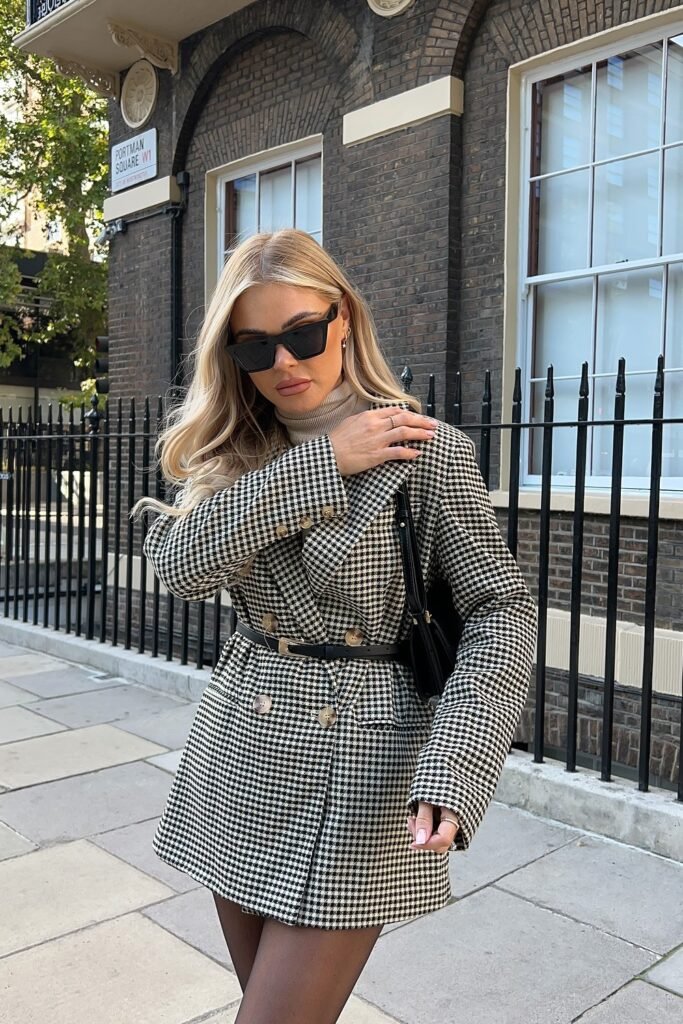 Houndstooth Double-Breasted Blazer + Black Belt + Black Mini Skirt