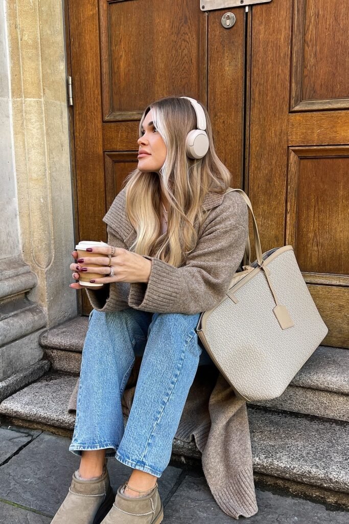 Beige Coat + Blue Jeans + Beige Ankle Boots