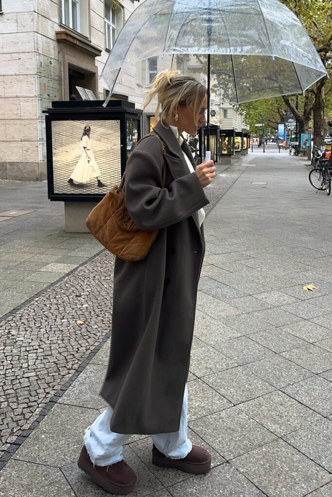 Long Charcoal Coat + White Knit Sweater + Frayed White Jeans