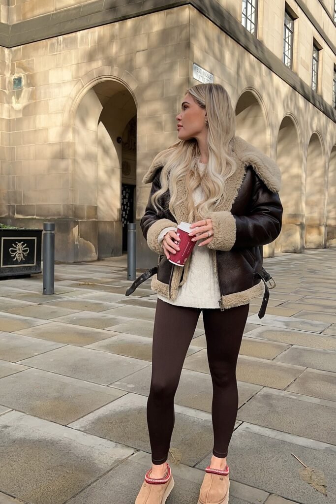 Shearling Jacket + Beige Sweater + Brown Leggings