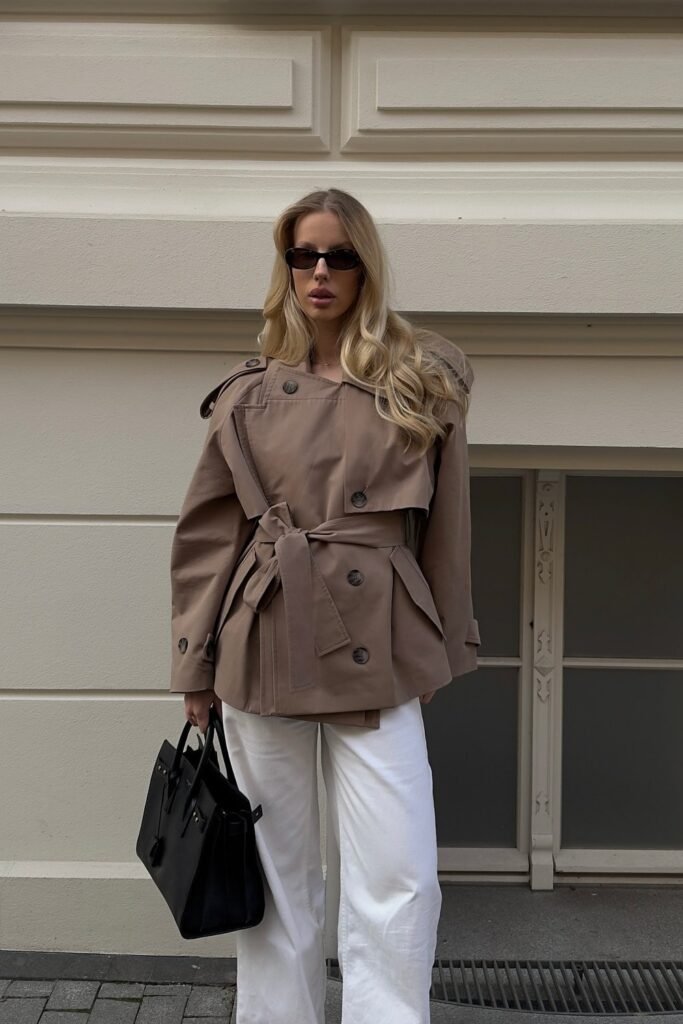 Beige Trench Coat + White Pants + Black Bag