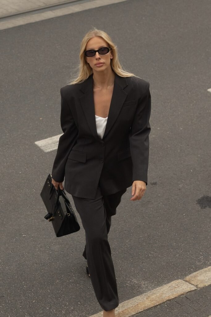 Oversized Black Suit + White Cami + Black Heels