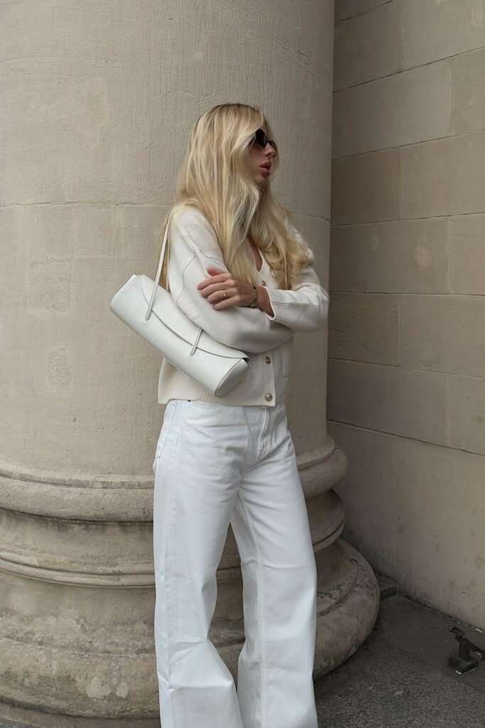 White Cardigan + White Wide-Leg Jeans + White Shoulder Bag