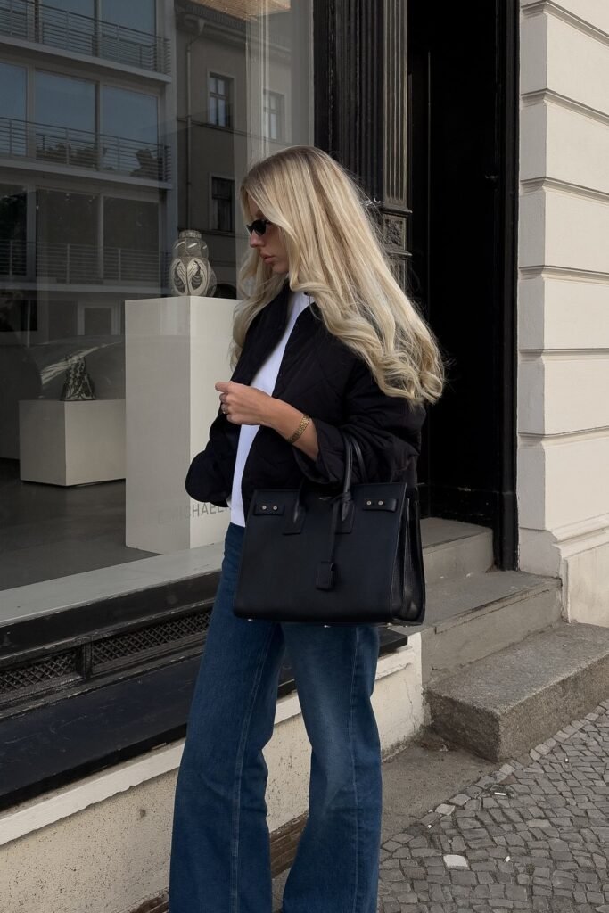 Black Cropped Jacket + White Tee + Blue Flared Jeans