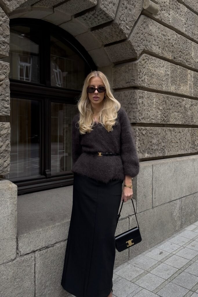 Fuzzy Black Cardigan + Belted Waist + Black Maxi Skirt