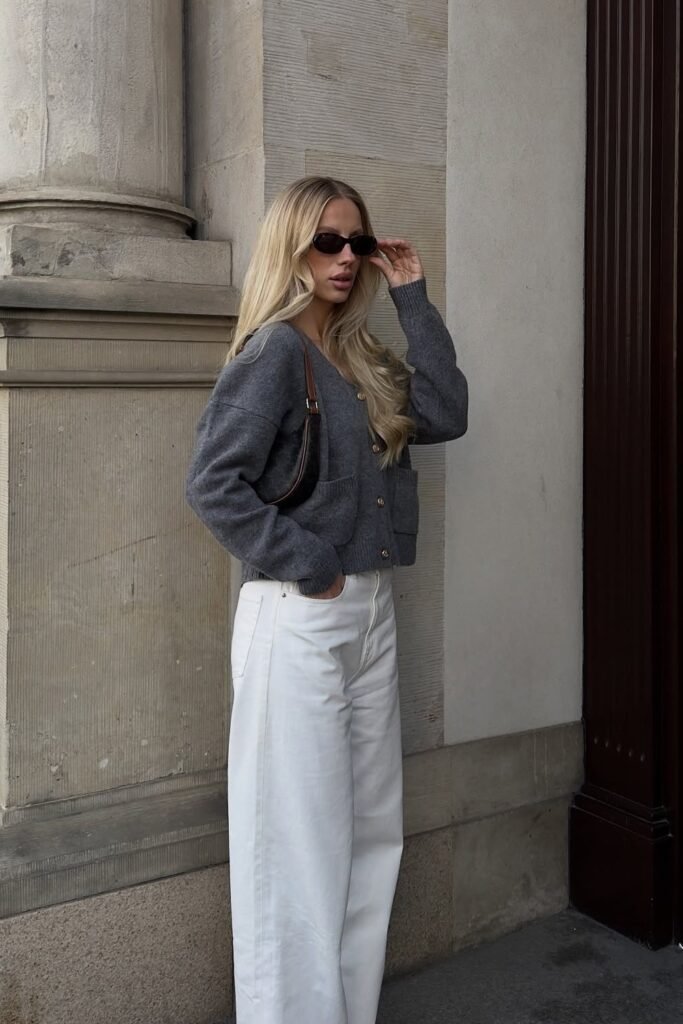 Grey Buttoned Cardigan + White Wide-Leg Jeans + Black Shoulder Bag