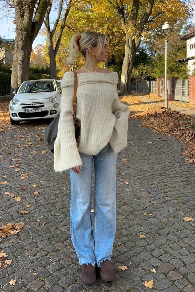Off-Shoulder Cream Sweater + Light Blue Jeans + Brown Platform Boots