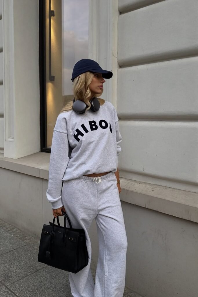 Grey Graphic Sweatshirt + Grey Joggers + Black Structured Bag