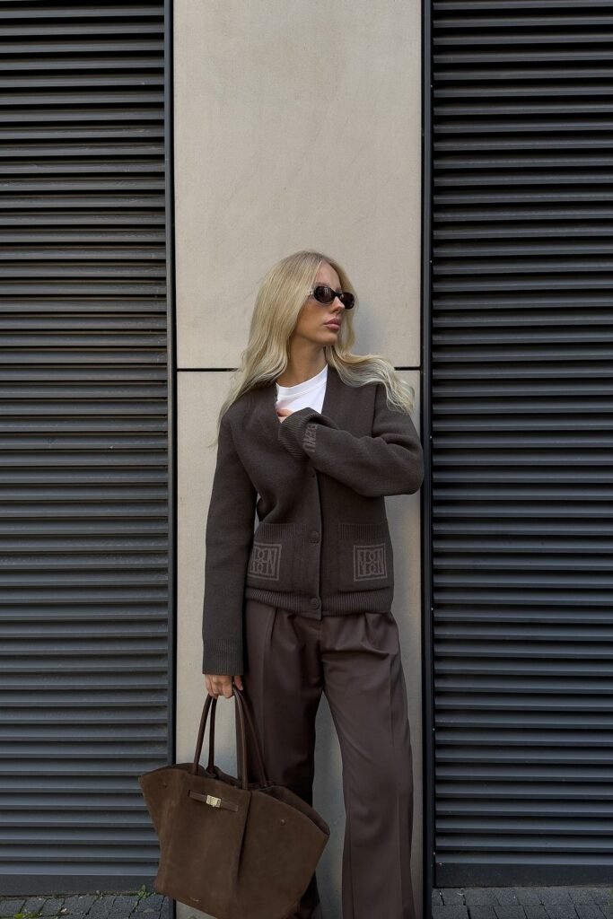 Brown Cardigan + White Tee + Brown Wide-Leg Trousers