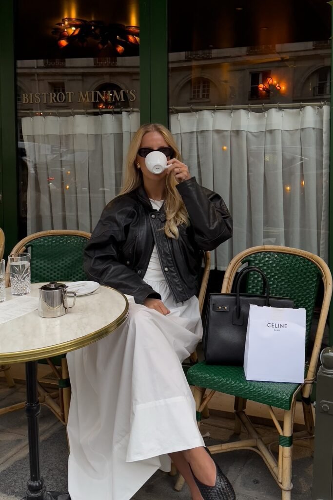 Black Leather Jacket + White Maxi Dress + Woven Flats