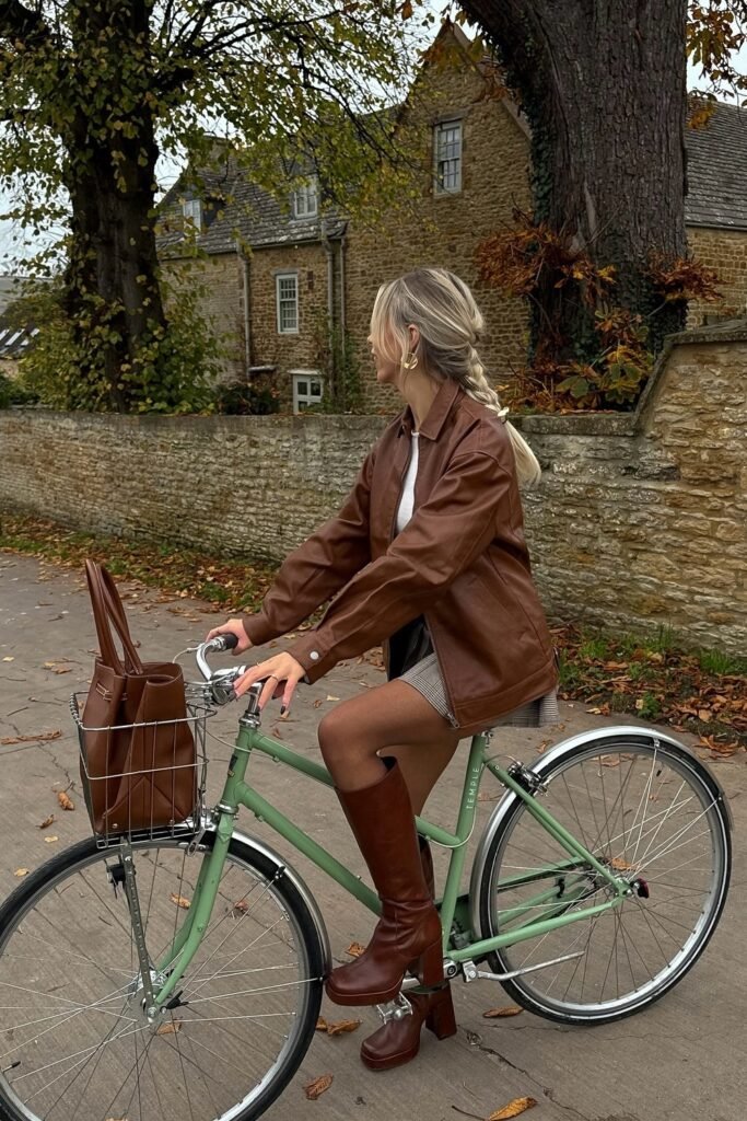 Brown Leather Jacket + Plaid Mini Skirt + Brown Knee-High Boots