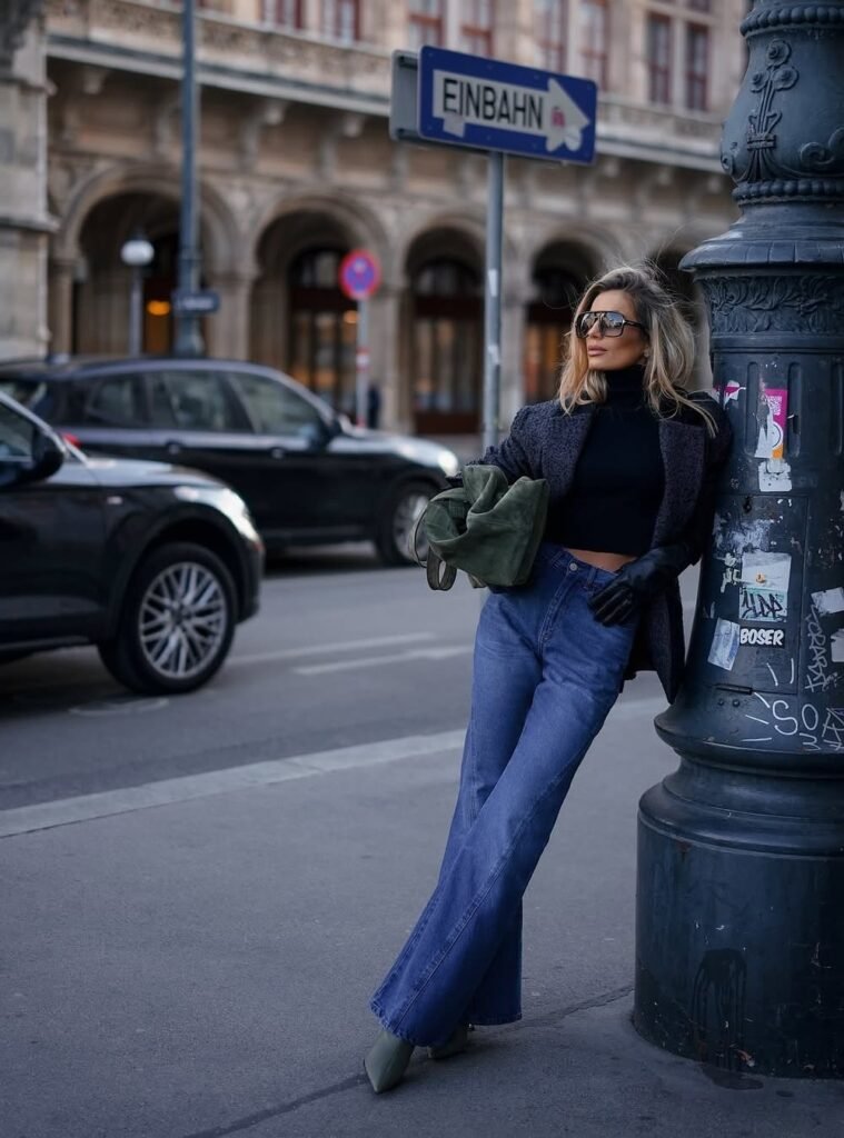 Cropped Black Turtleneck + Blue Wide-Leg Jeans + Charcoal Blazer