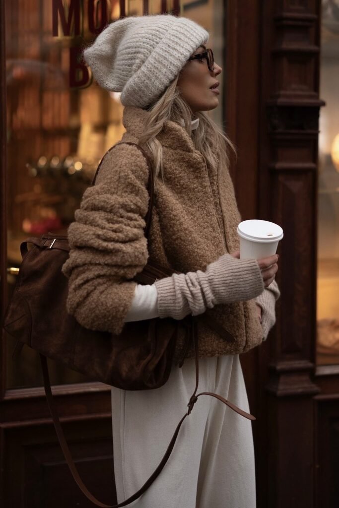 Teddy Brown Jacket + White Knit Set + Knit Beanie