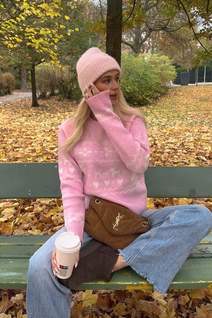 Pink Fair Isle Sweater + Pink Knit Beanie + Wide-Leg Blue Jeans